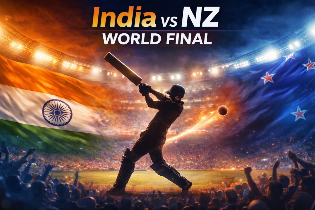 India and New Zealand cricket teams facing off in the T20 World Cup final at Narendra Modi Stadium Ahmedabad